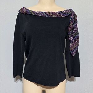 Pointelle Chic Black Long Sleeve Top with Vibrant Multicolor Accent Size XL